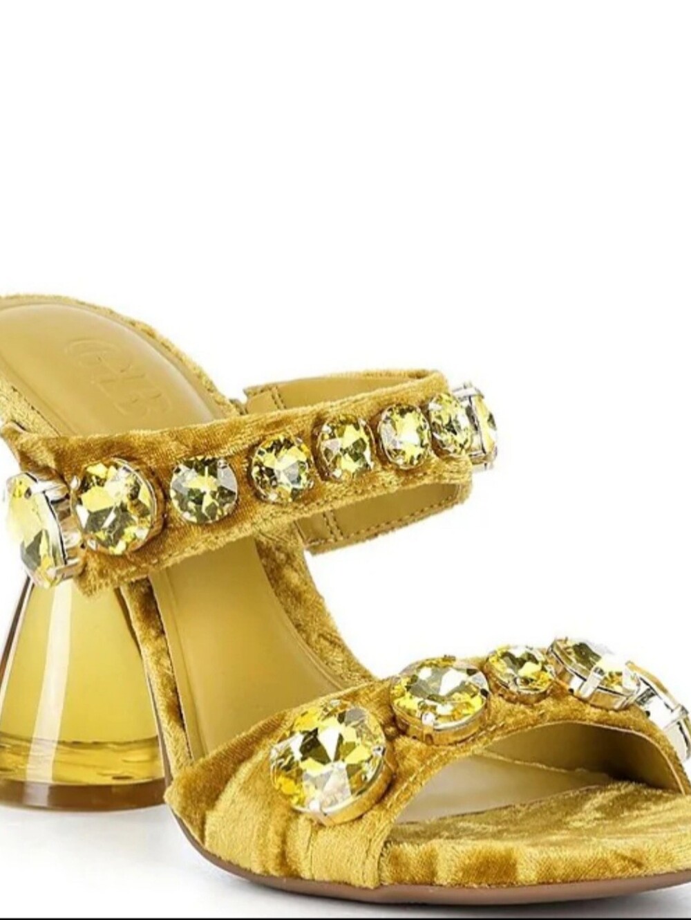 Gianni Bini Gold Velvet Jeweled Block Heel Sandals - Picture 1 of 6